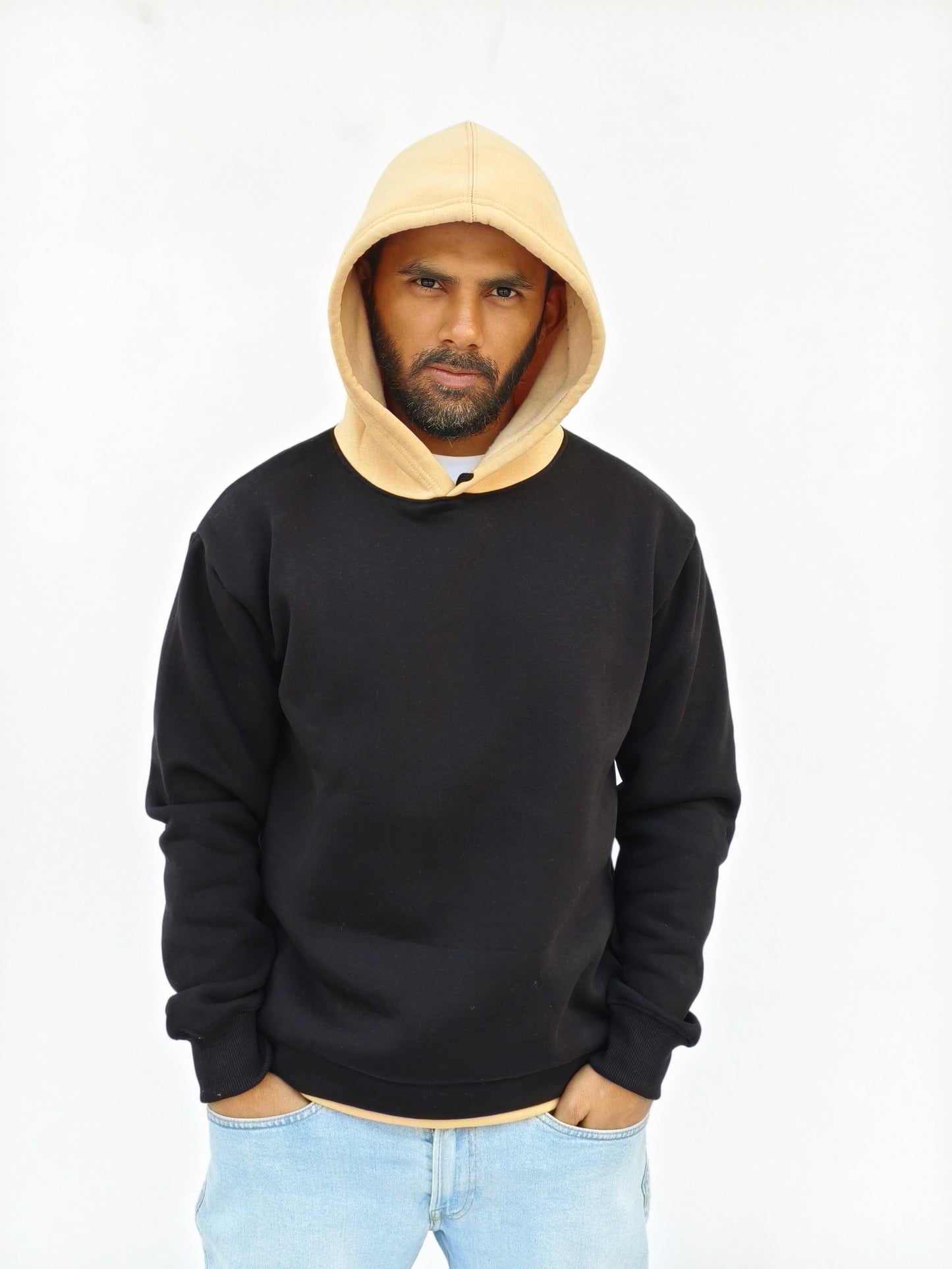 Black & Beige Fleeced Hoodie