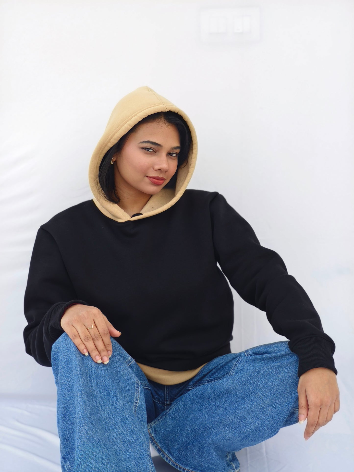 Black & Beige Fleeced Hoodie
