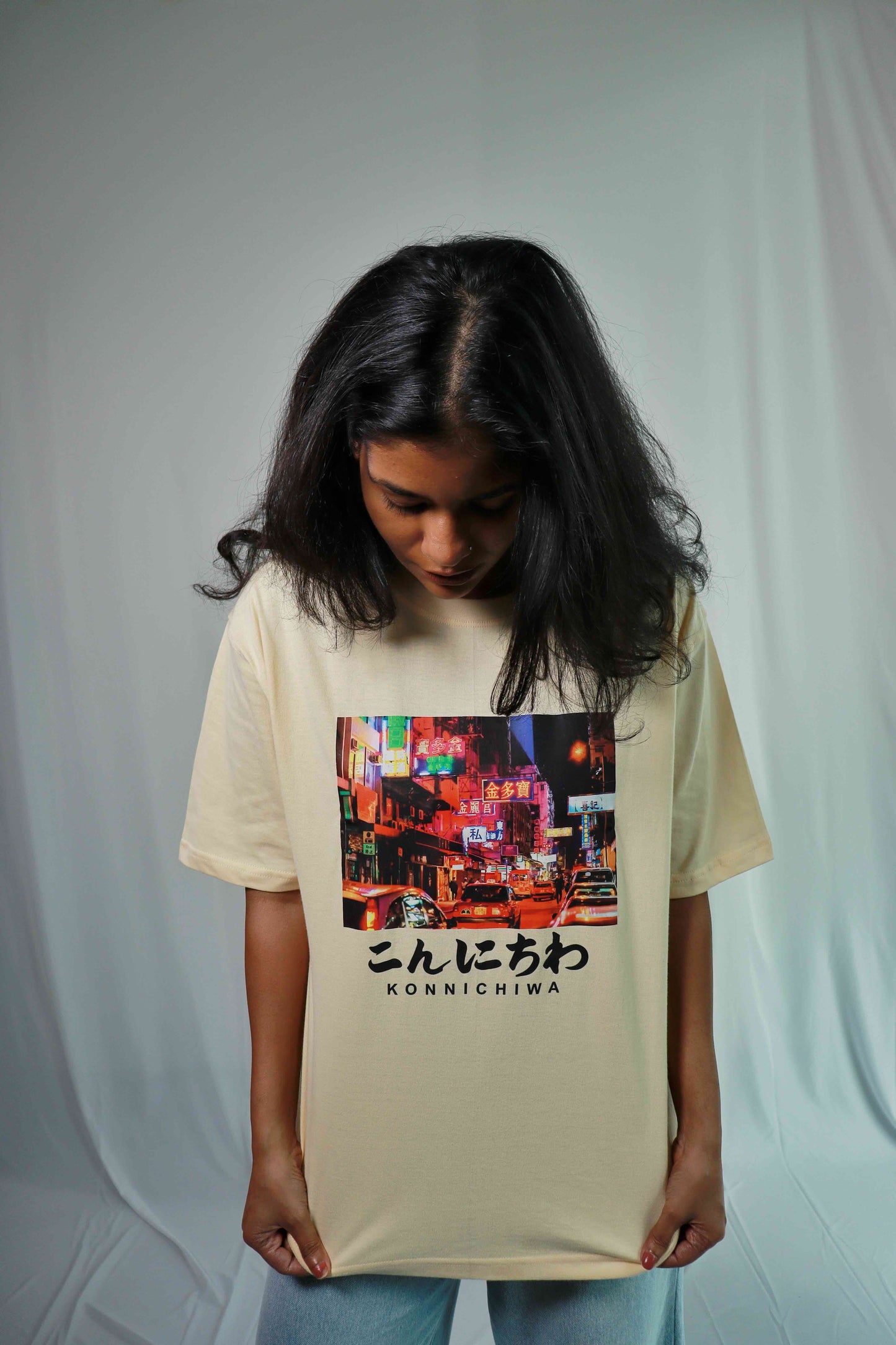 'Konnichiwa' - Japanese Street Women Oversized Peach T-shirt