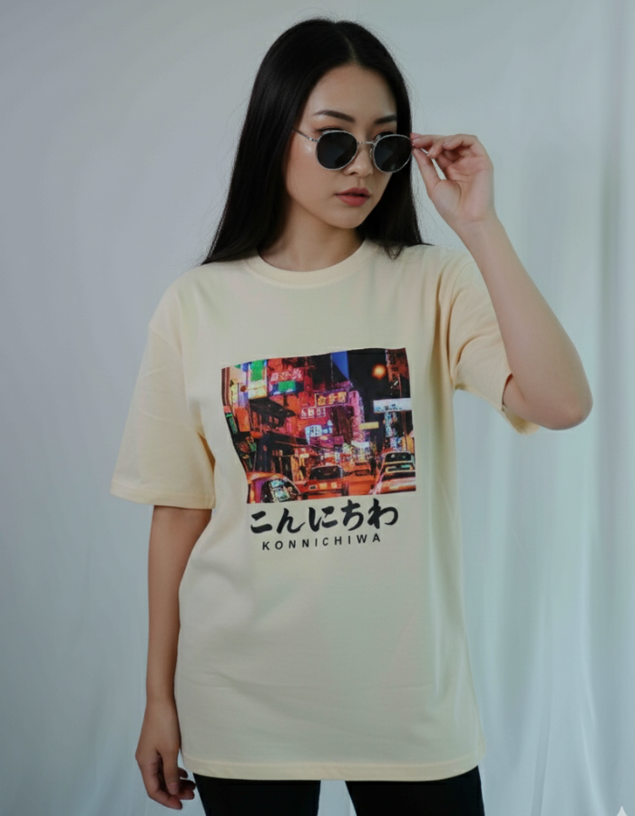 'Konnichiwa' - Japanese Street Women Oversized Peach T-shirt
