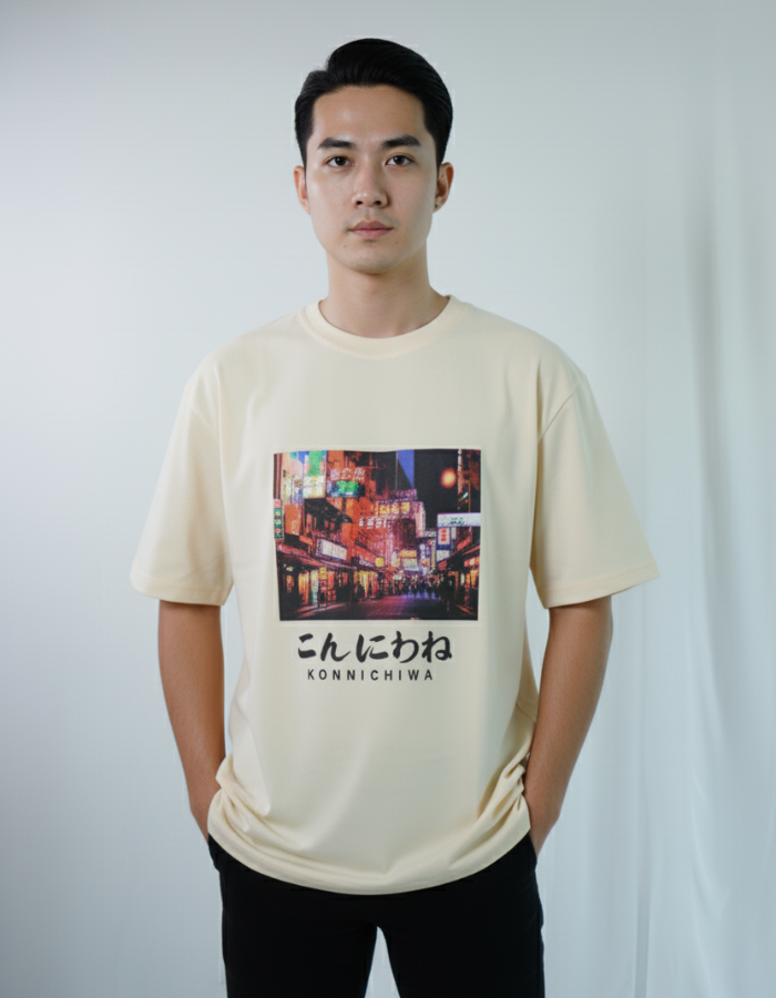 'Konnichiwa' - Japanese Street Men Oversized Peach T-shirt
