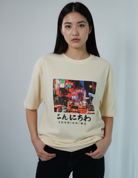 'Konnichiwa' - Japanese Street Women Oversized Peach T-shirt