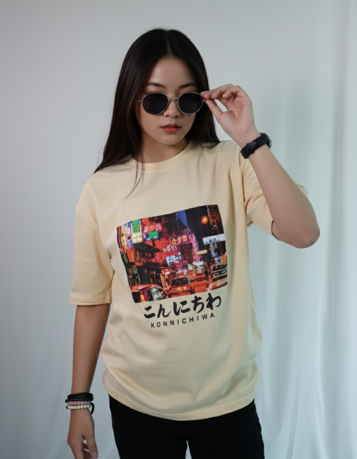 'Konnichiwa' - Japanese Street Women Oversized Peach T-shirt