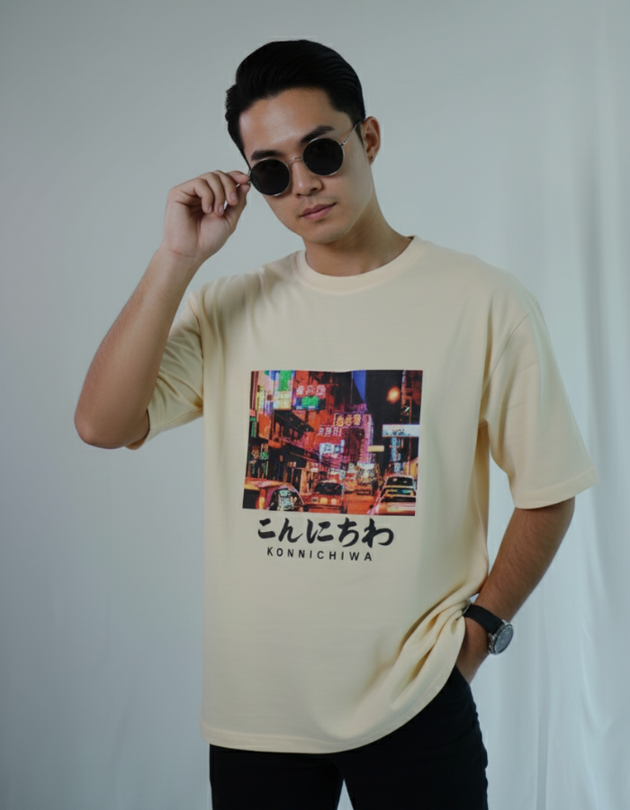 'Konnichiwa' - Japanese Street Men Oversized Peach T-shirt