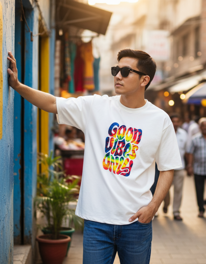 'Good Vibes Only' - Men Oversized White T-shirt