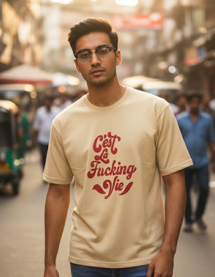 Cest La Fucking Vie - Men Oversized Beige T-Shirt