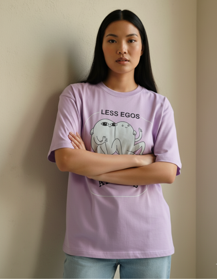 'Less Egos More Amigos' Women Oversized Lavendar T-shirt