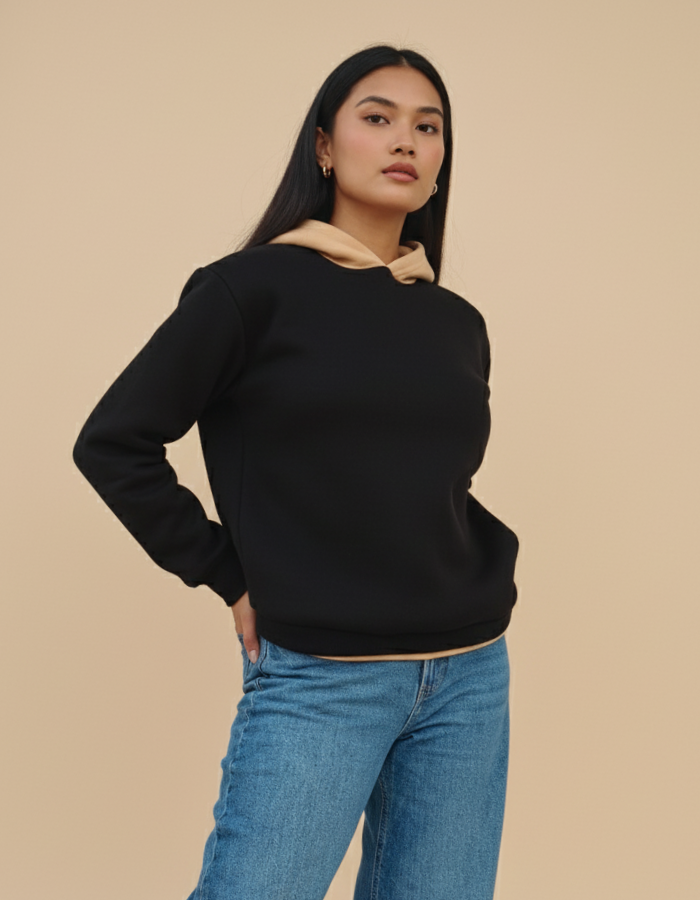 Black & Beige Fleeced Boyfriend Hoodie