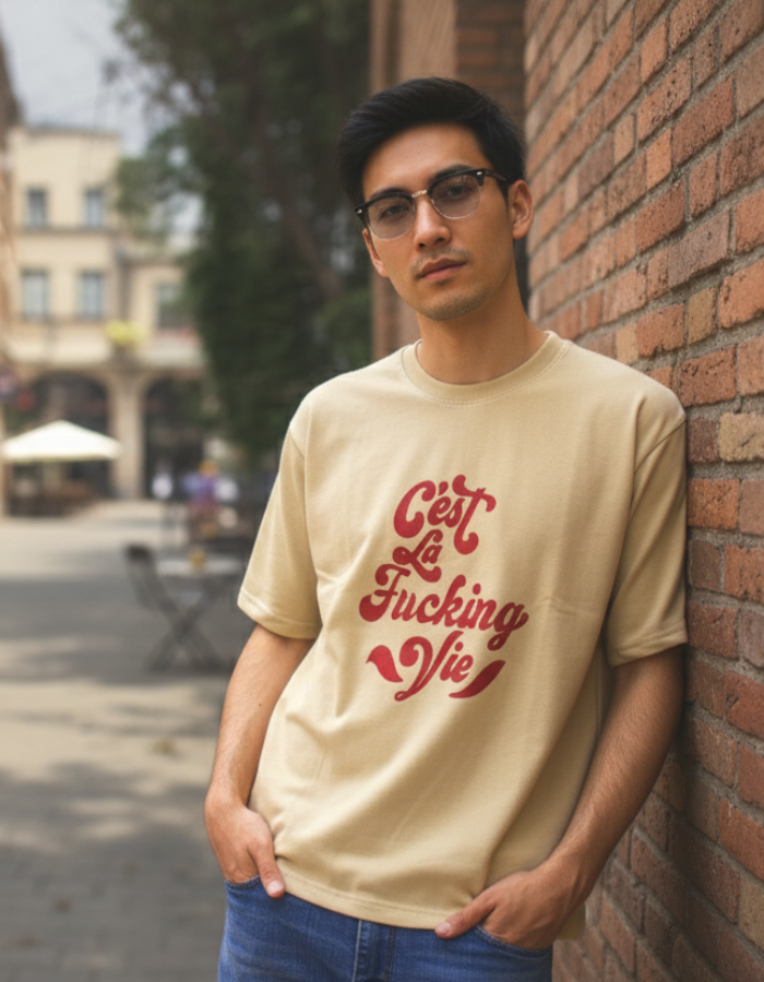 Cest La Fucking Vie - Men Oversized Beige T-Shirt