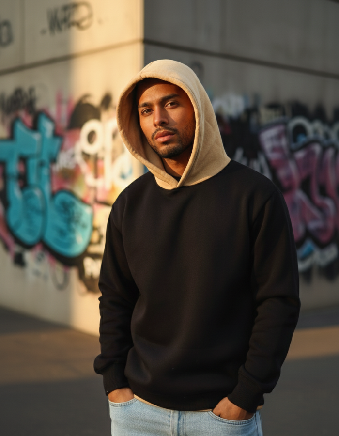 Black & Beige Fleeced Hoodie