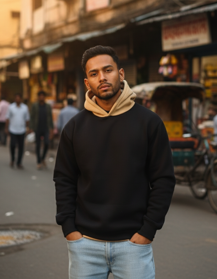 Black & Beige Fleeced Hoodie