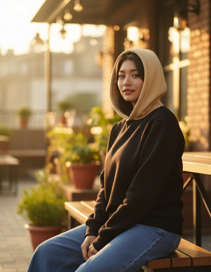 Black & Beige Fleeced Boyfriend Hoodie