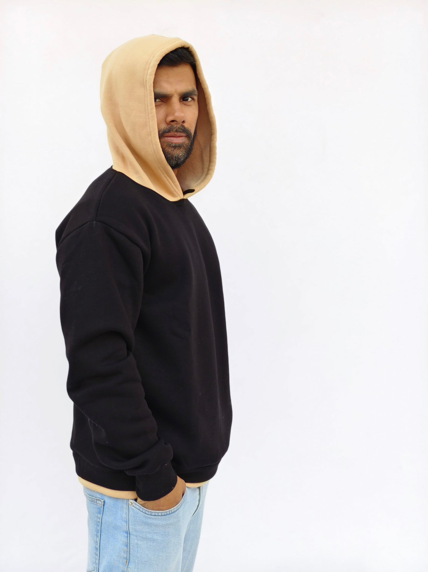 Black & Beige Fleeced Hoodie