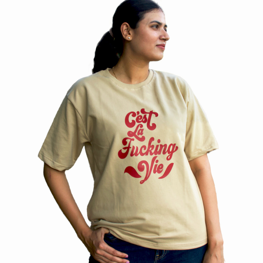 Cest La Fucking Vie - Oversized Beige T-Shirt