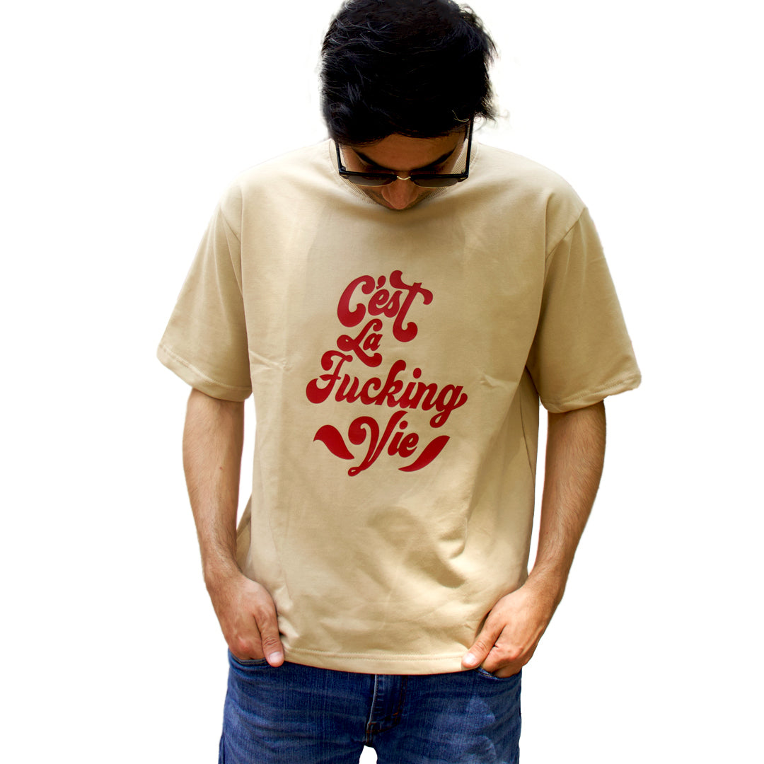 Cest La Fucking Vie - Oversized Beige T-Shirt