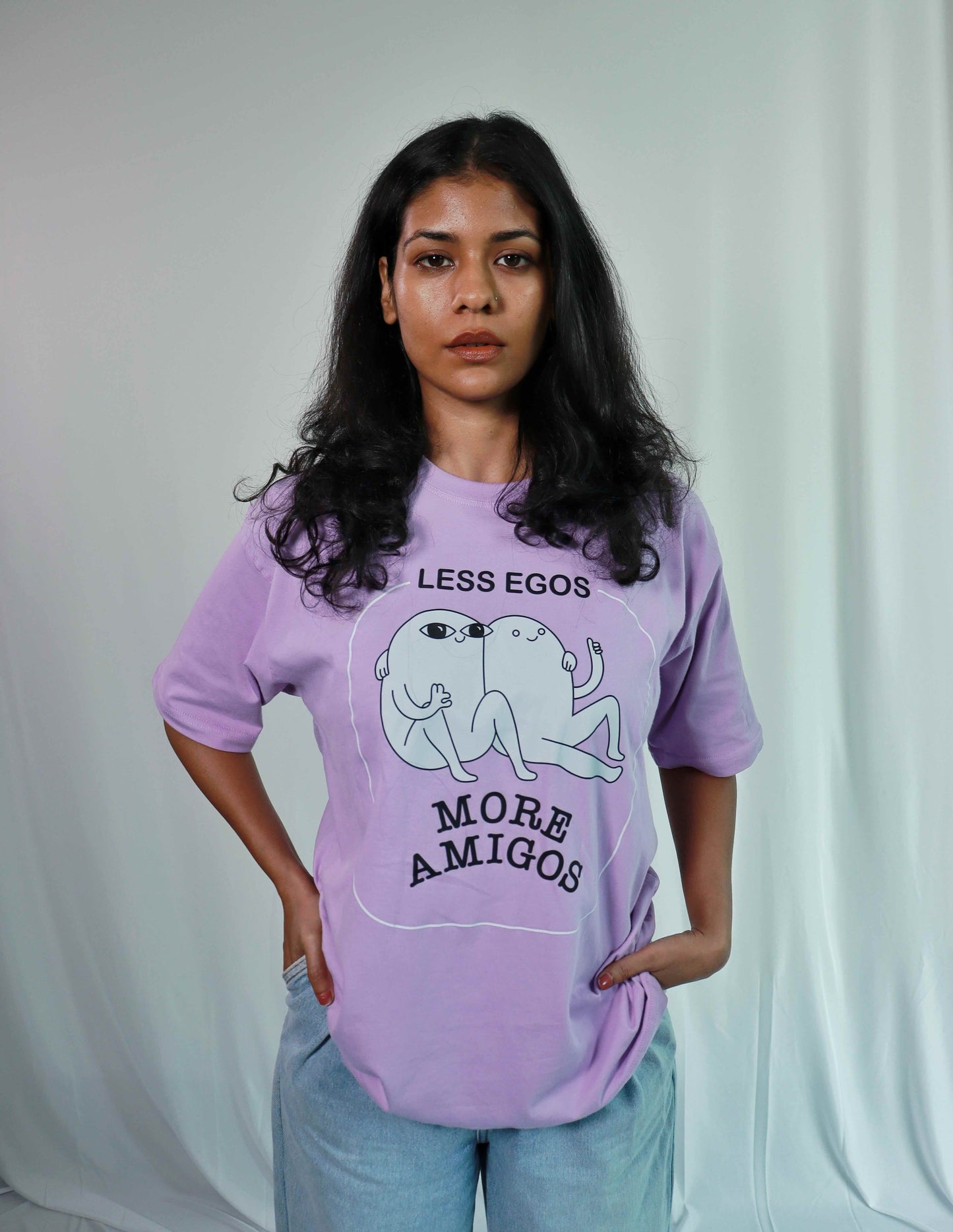 'Less Egos More Amigos' Oversized Lavendar T-shirt