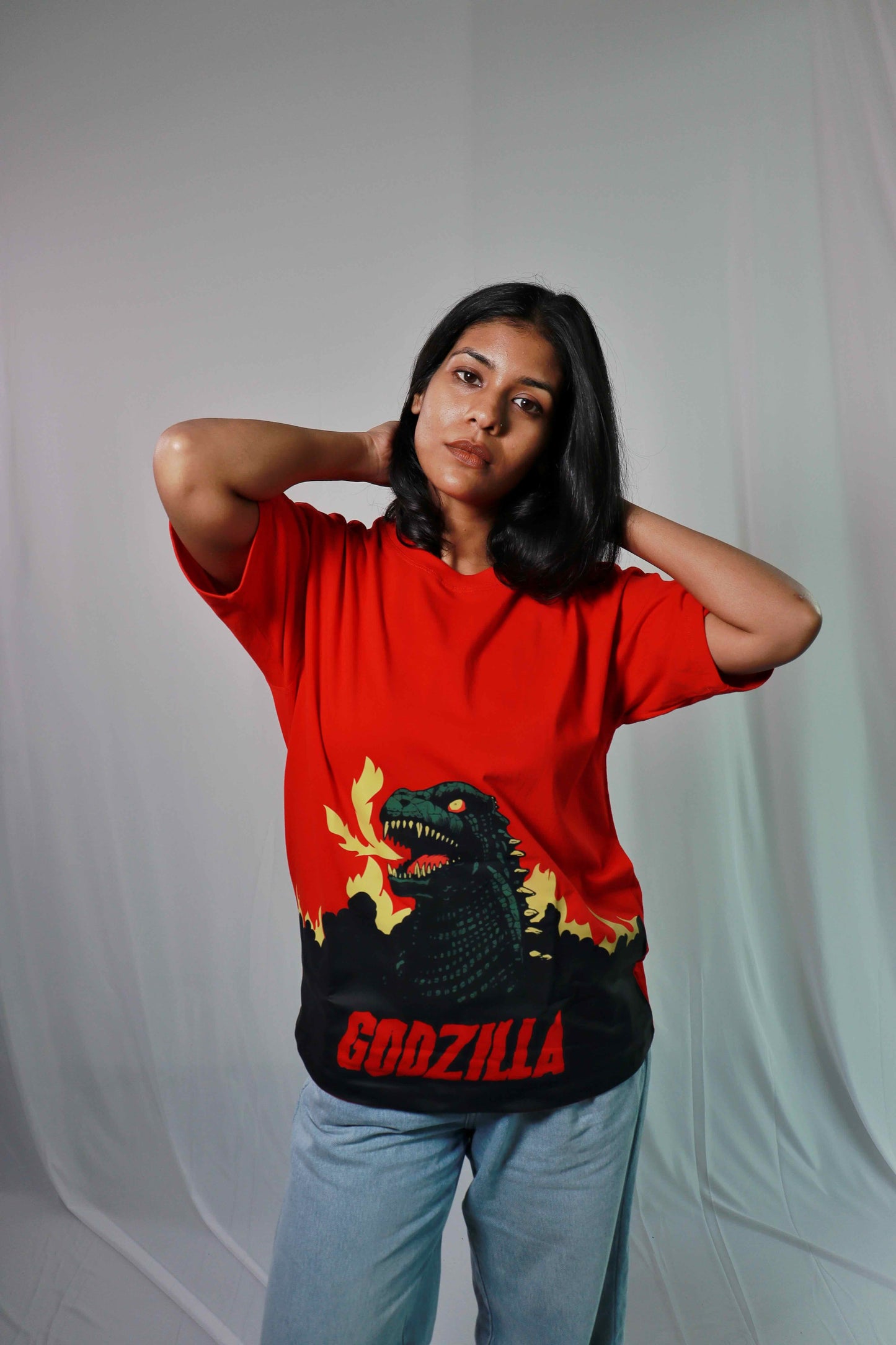 'Godzilla' - Women Oversized Red T-shirt