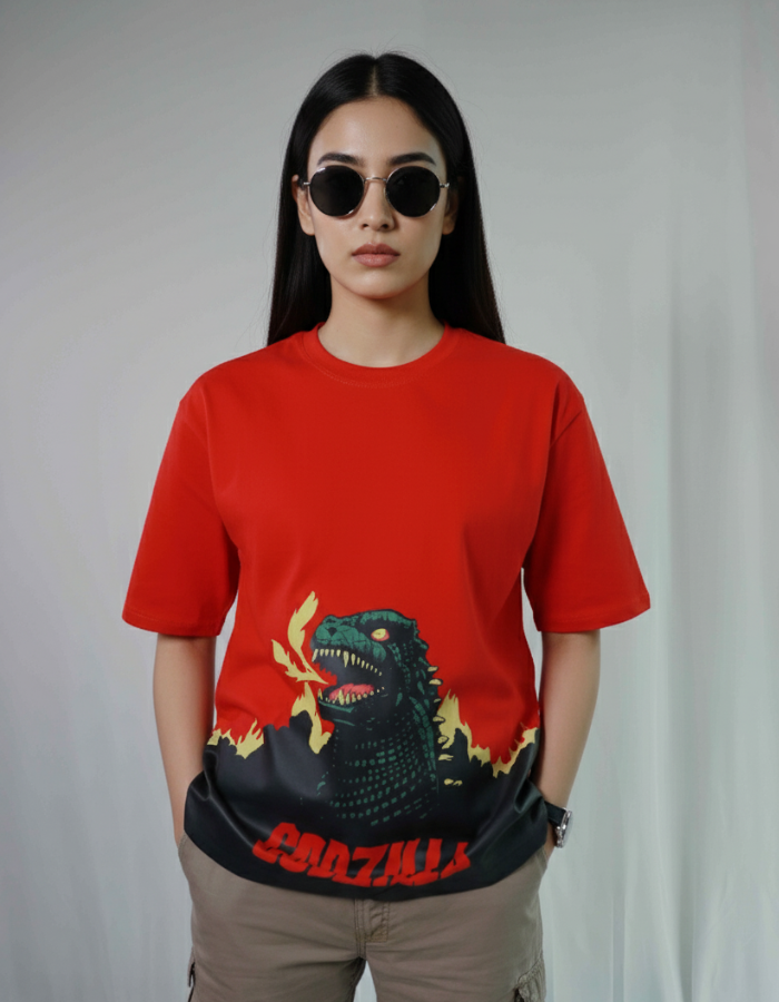 'Godzilla' - Women Oversized Red T-shirt