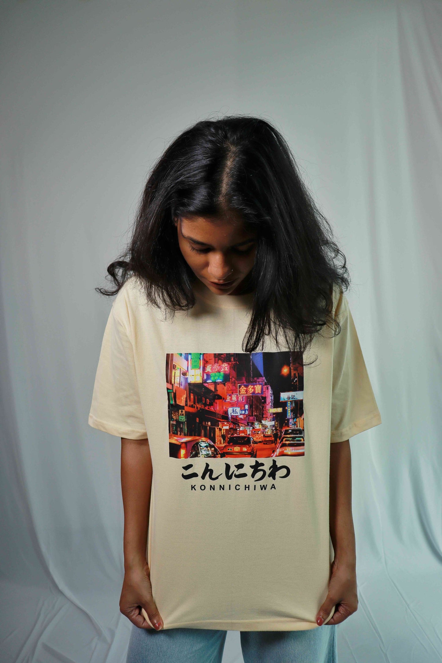 'Konnichiwa' - Japanese Street Oversized Peach T-shirt