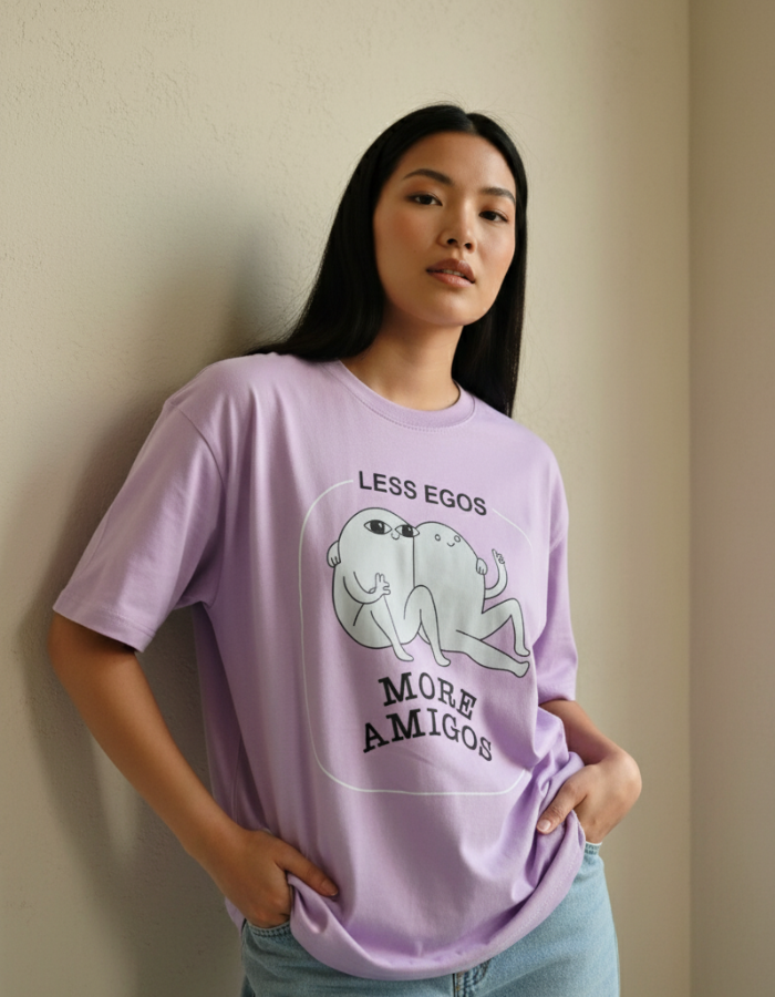 'Less Egos More Amigos' Women Oversized Lavendar T-shirt
