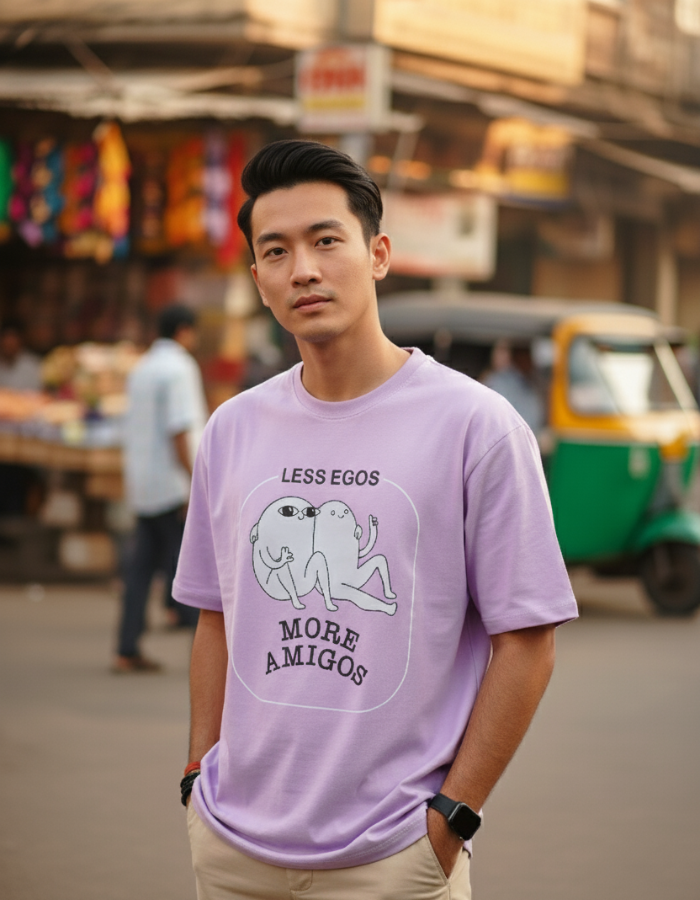 'Less Egos More Amigos' Men Oversized Lavendar T-shirt