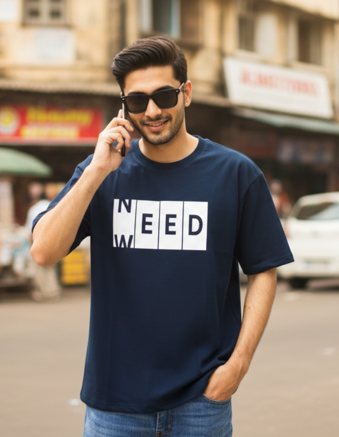 'Need Weed' - Men Oversized Navy Blue T-shirt