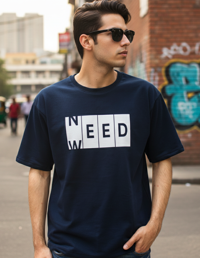 'Need Weed' - Men Oversized Navy Blue T-shirt