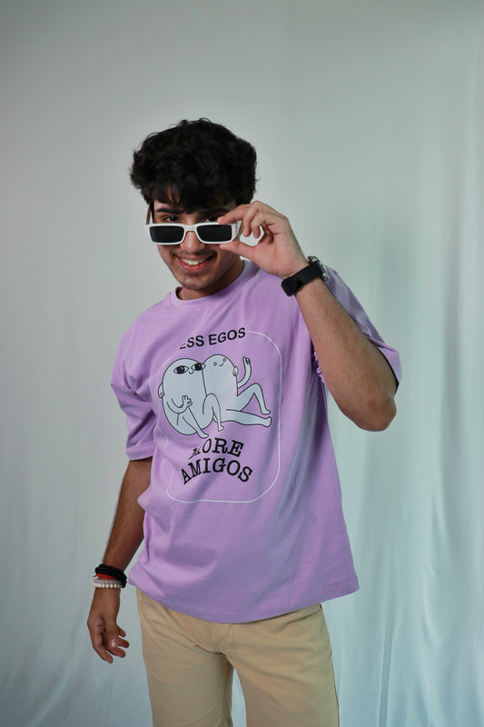 'Less Egos More Amigos' Men Oversized Lavendar T-shirt