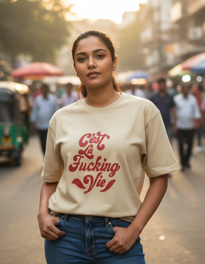 Cest La Fucking Vie - Women Oversized Beige T-Shirt