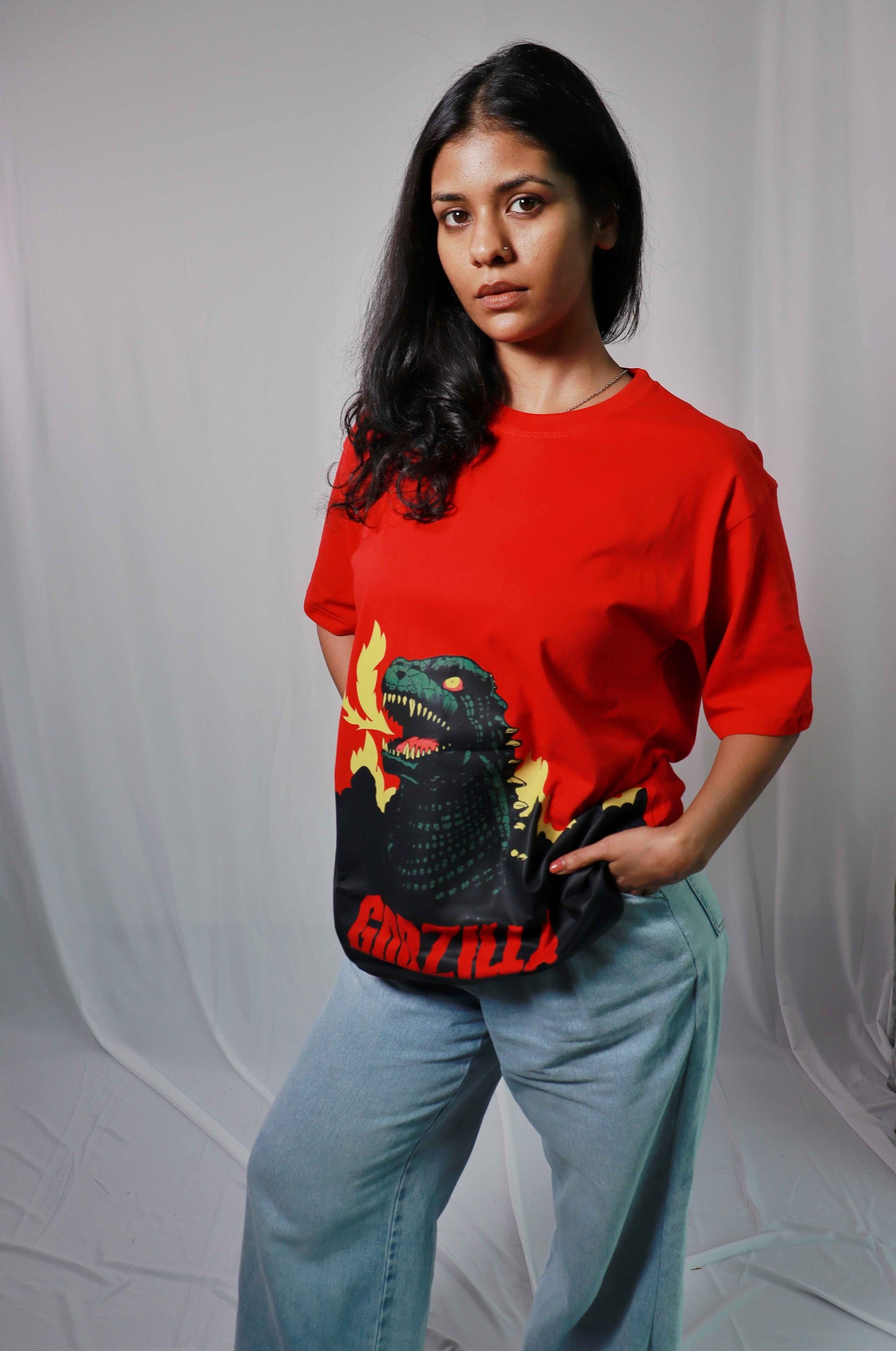 'Godzilla' - Women Oversized Red T-shirt