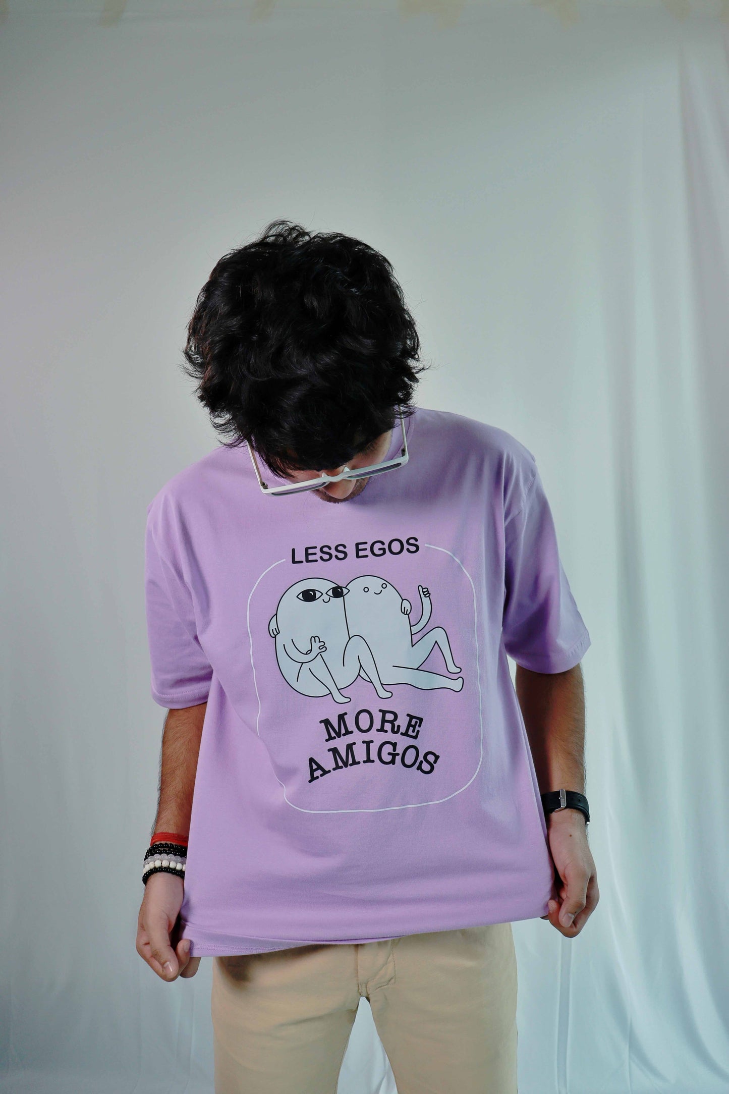 'Less Egos More Amigos' Men Oversized Lavendar T-shirt