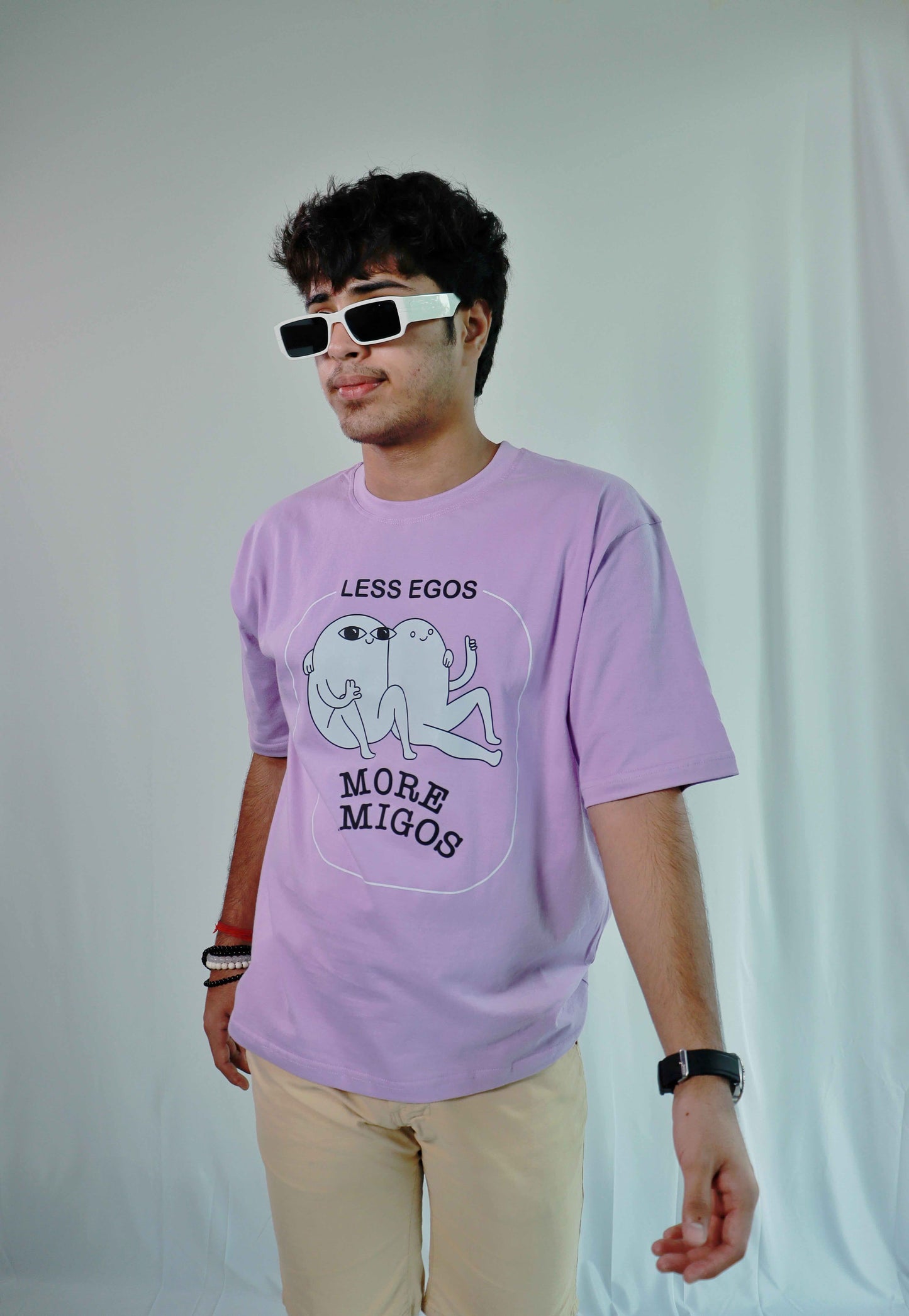 'Less Egos More Amigos' Men Oversized Lavendar T-shirt
