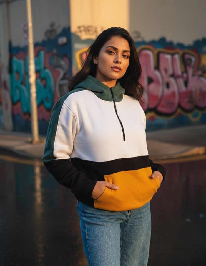 Boyfriend Hoodie for Women - Colour Block Fleeced Hoodie
