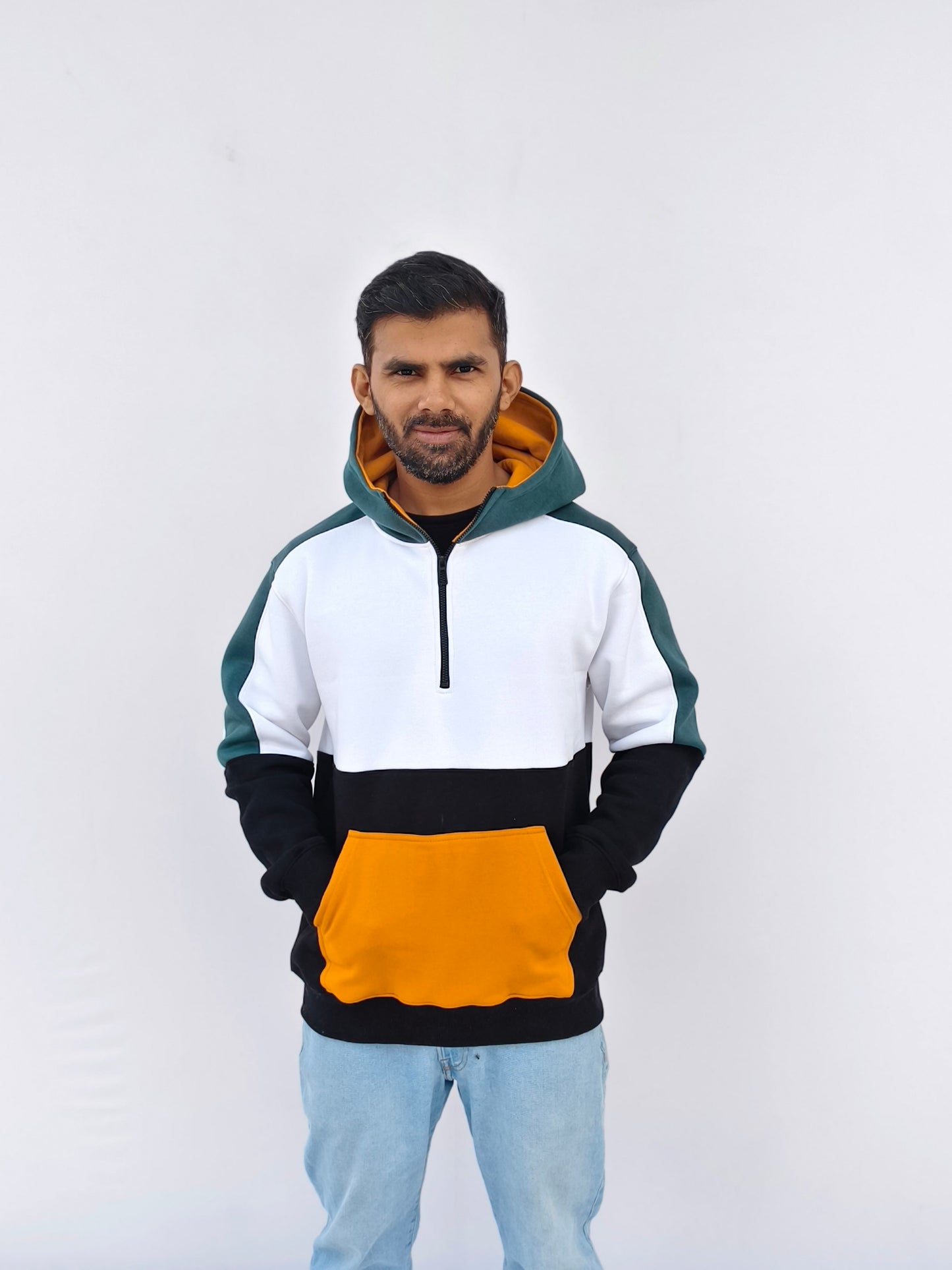 silly panda colour block hoodie for men