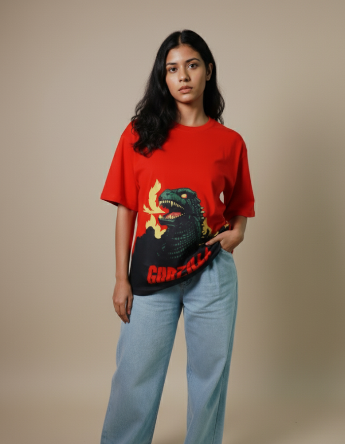 'Godzilla' - Women Oversized Red T-shirt
