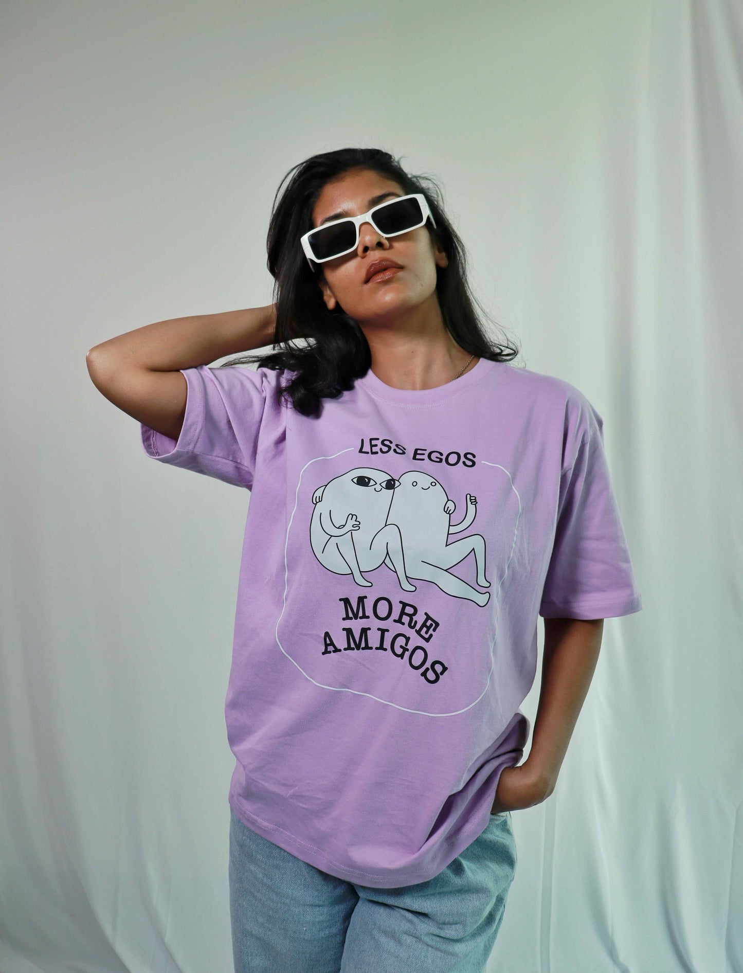 'Less Egos More Amigos' Women Oversized Lavendar T-shirt
