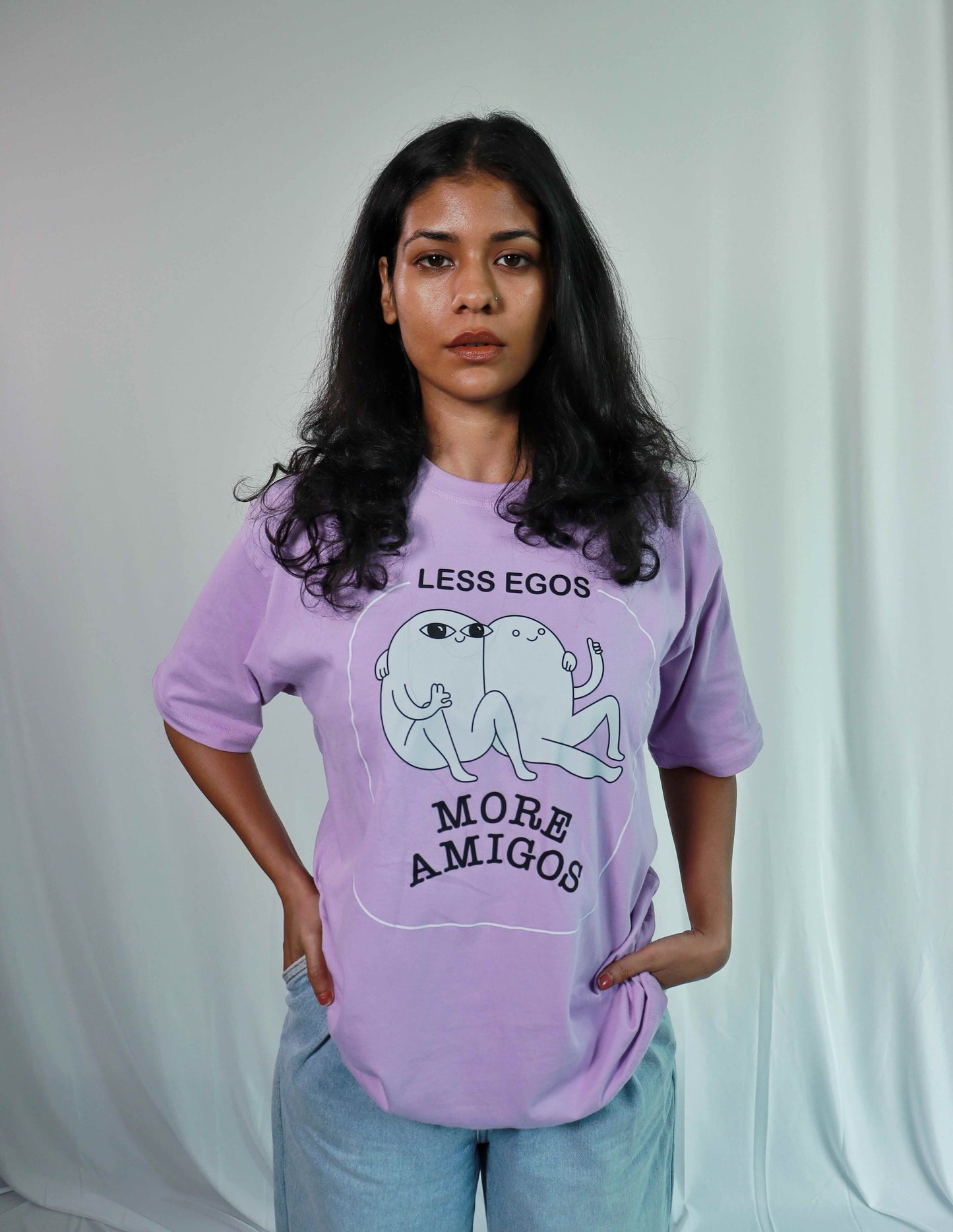 'Less Egos More Amigos' Women Oversized Lavendar T-shirt