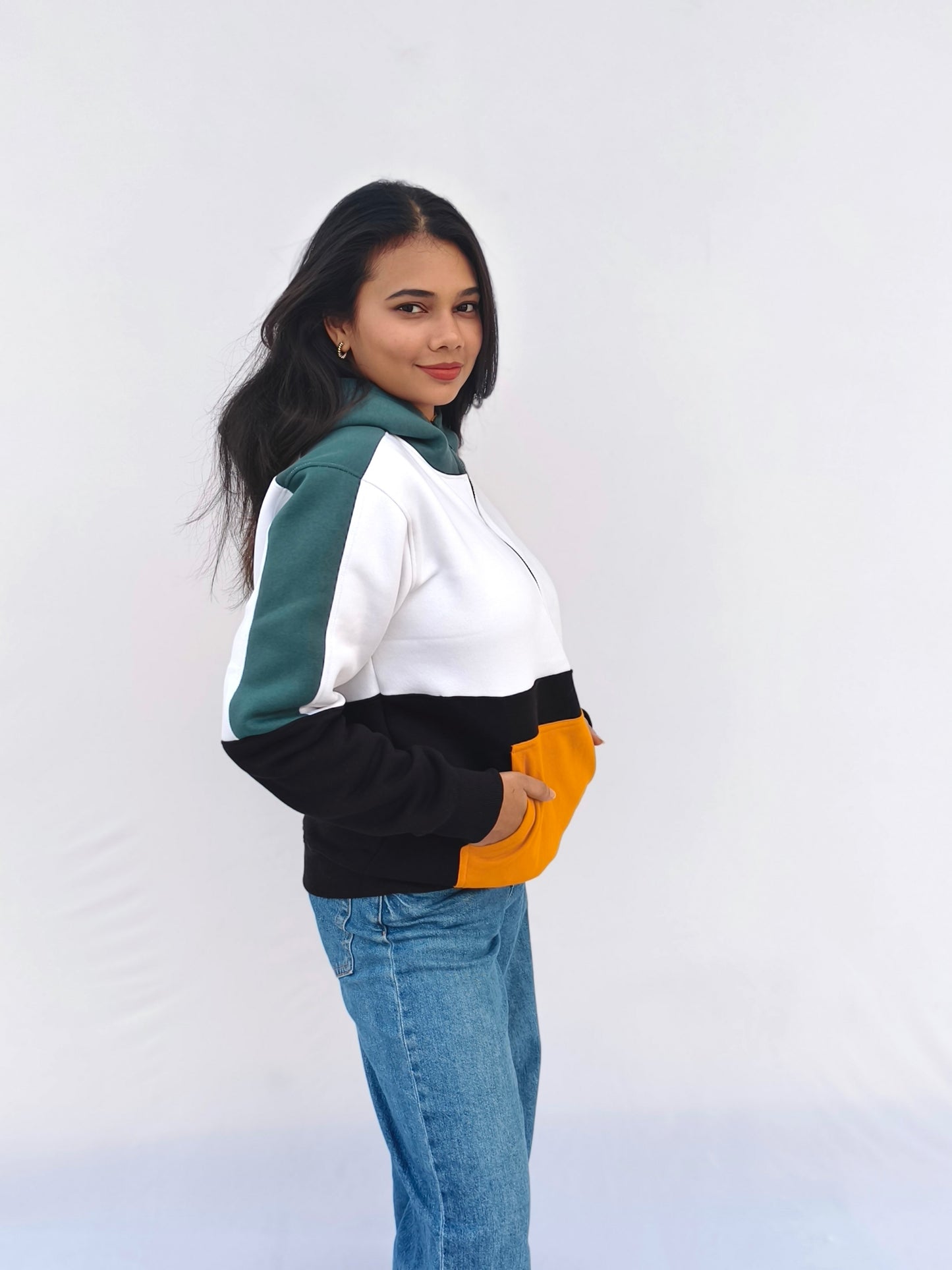 Boyfriend Hoodie for Women - Colour Block Fleeced Hoodie